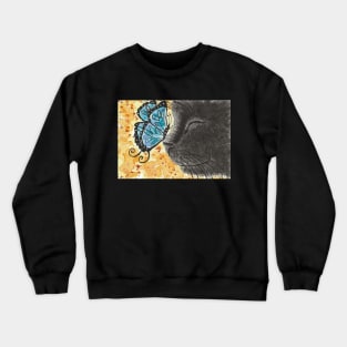 Black cat blue butterfly art Crewneck Sweatshirt